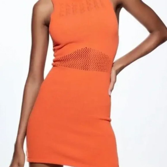ZARA NWT Orange Crochet Knit Mini Dress - Picture 2 of 6